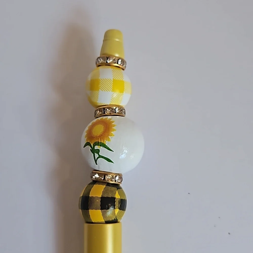 Hand Crafted 3-Set Pens Black Ink Beaded Fall Halloween Sunflower Harvest Design
